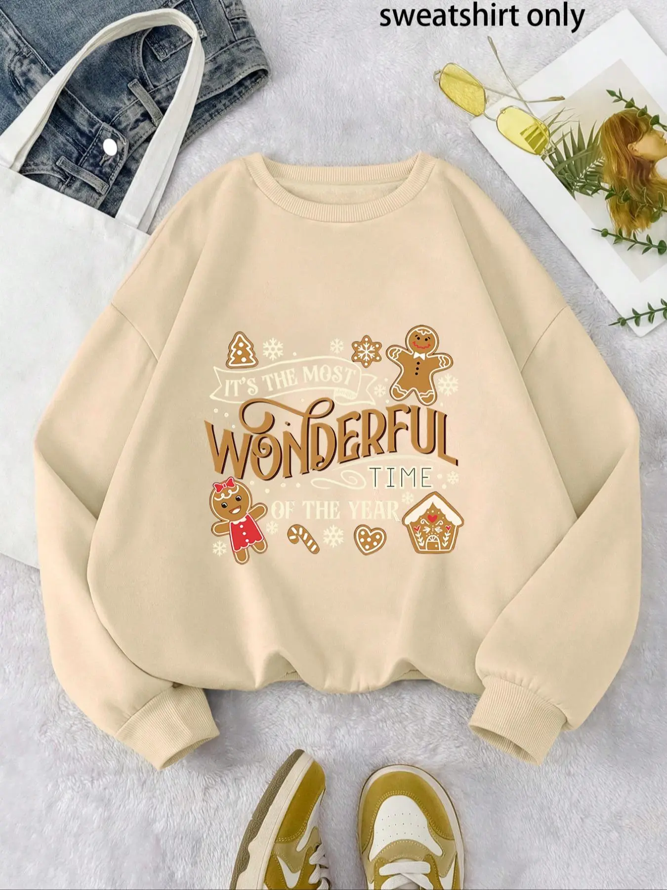Women's Gingerbread Man & Snowflake & Letter Print Round Neck Sweatshirt, Casual Long Sleeve Drop Shoulder Pullover for Daily Wear, Ladies Top for Fall & Winter