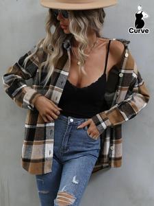 【Plus Size】 Plaid Print Button Front Drop Shoulder Coat, Casual Long Sleeve Collared Outerwear for Fall & Winter, Women's Clothes for Daily Wear