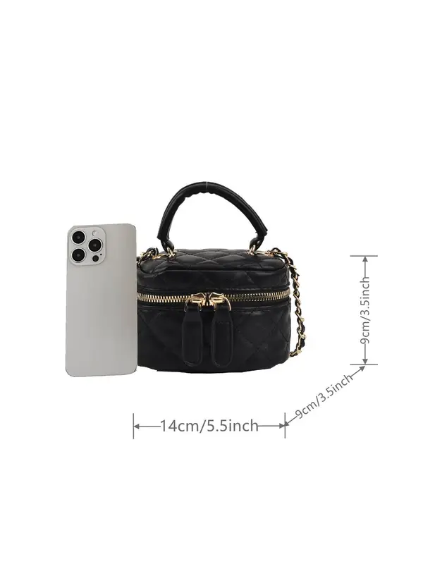 Fashion Quilted Embroidered Handbag, Plain PU Leather Zipper Crossbody Bag with Chain Strap, Bucket Bag for Work Travel 1