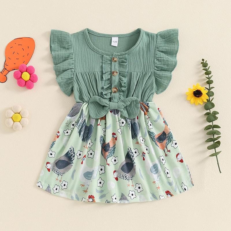Product Introduction of Girls A-line Dress, Fly Sleeve Crew Neck Bow Chicken Print Casual Dress Summer Dress 50