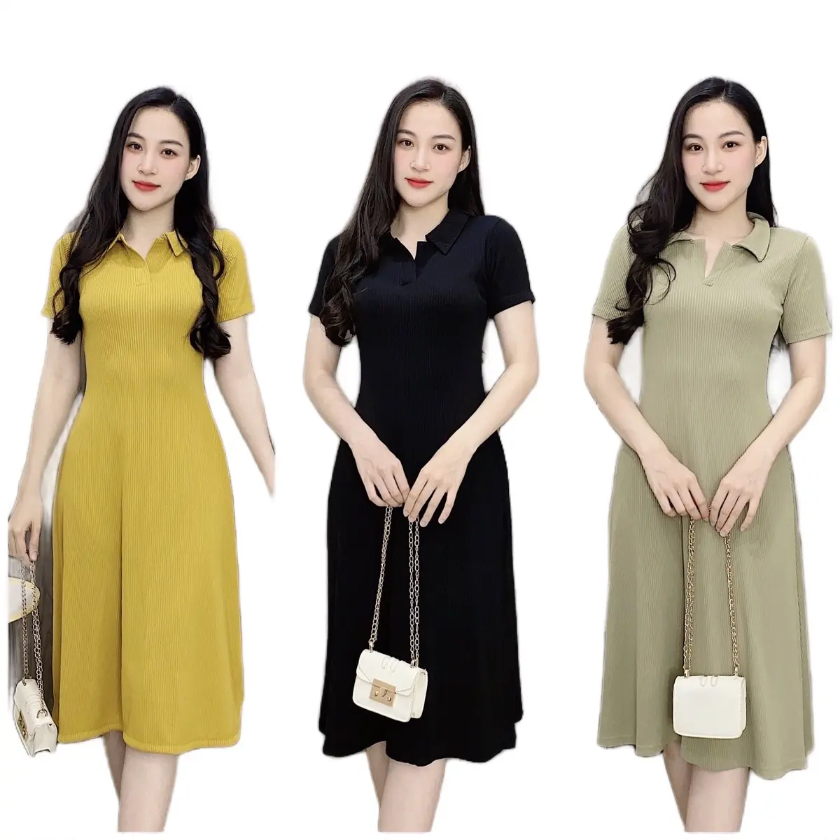[V102]Váy body 2 kiểu cổ bẻ tăm gân cho nữ dáng xoè co giản thoải mái bầu mang được . Sen Dress Women Voan Voi