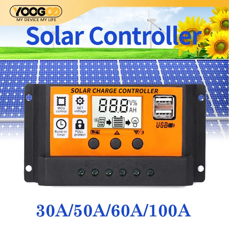 Solar Charger Controller 12V/24V Auto PWM Controllers LCD Display Dual USB Output Aki Make Power Set Proyektor Filter