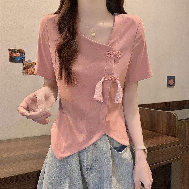Product Introduction of Women's New Chinese Button Irregular Short T-shirt Fat Mm Cover Belly V-neck Top Womenswear Blouse Check Flat 19