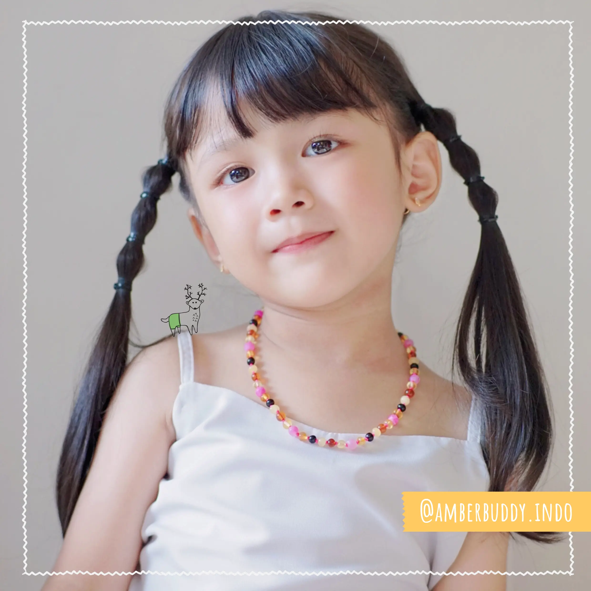 Amber Buddy - JN98 Kalung Amber dengan Pink Frost Agate, Tridacna Shell. Pearl untuk Junior. 38cm