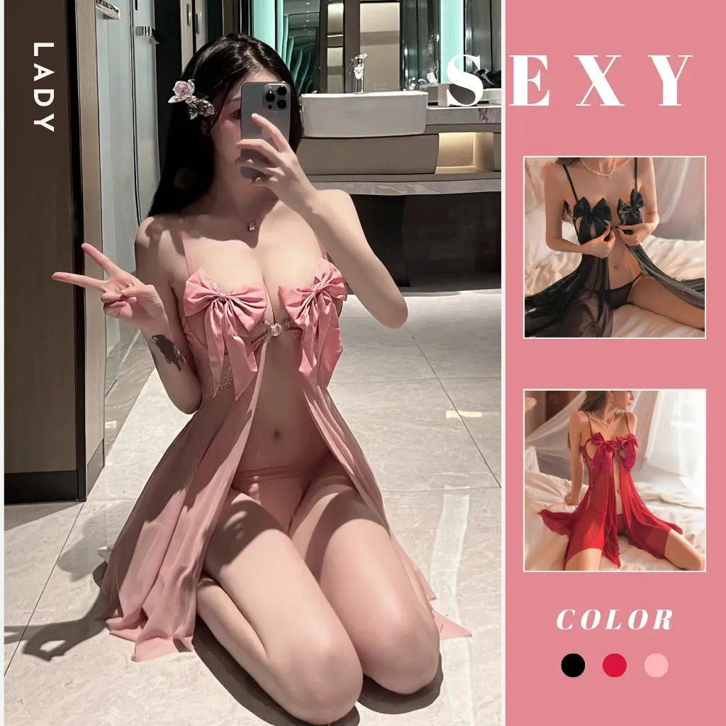 Váy ngủ đính nơ ngực cài trước siêu gợi cảm DN100 Bộ ngủ quyến rũ sexy, Đồ ngủ gợi cảm nơ ngực