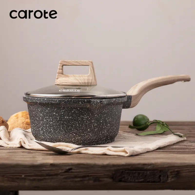 CAROTE Panci Susu Satuan 16/18/20cm Lapisan Granit Anti Lengket Dilengkapi Dengan Tutup Kaca Cocok Untuk Semua Jenis Kompor Mudah Dibersihkan Free PFOA Essential Woody Hitam 0