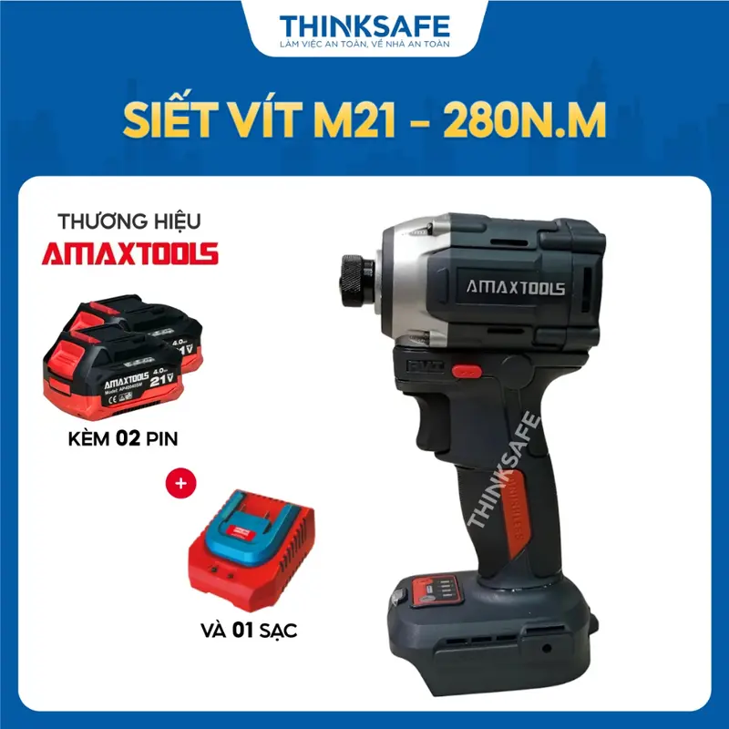 Máy bắn vít pin 21V Amaxtools AV28014SM đầu 1/4 inch, momen xoắn 280Nm Máy siết vít, vặn vít không chổi than - Thinksafe 0