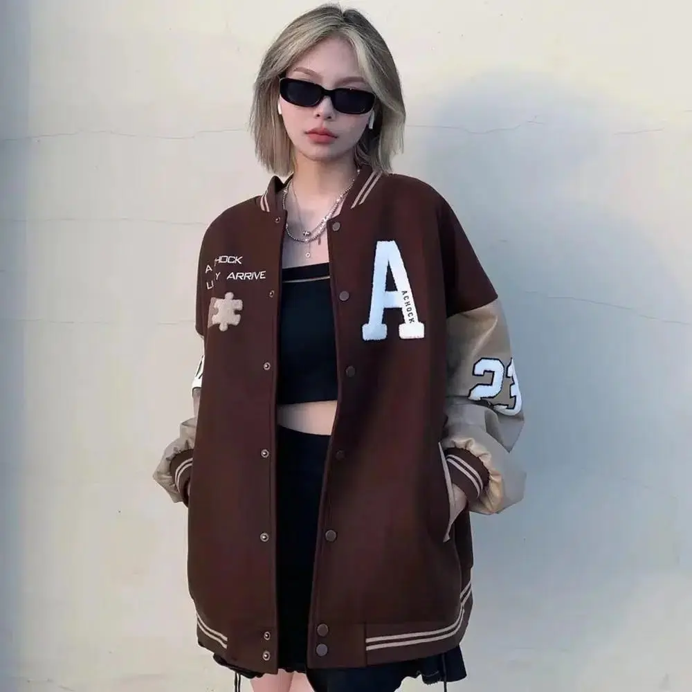 American Retro Baseball Uniform Women's New Spring and Autumn Loose All-Match Vintage Stitching Pu Jacket Ins Fashion