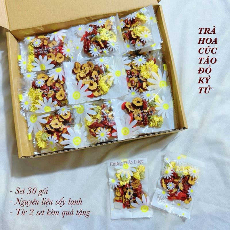 Set Hộp 30 Gói Trà Hoa Cúc Táo Đỏ Kỷ Tử - Dưỡng Tâm An Thần Ngủ Ngon mua 2 hộp tặng bình thuỷ tinh Tea