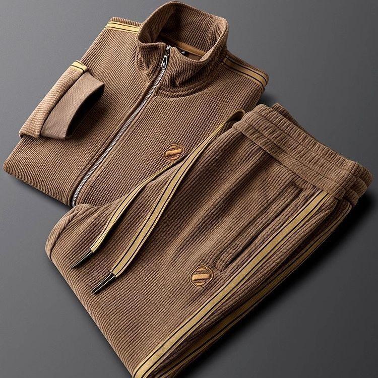 Product Introduction of Light Luxury Autumn Winter Warm Solid Color Casual Sports Suit Slim Fit Trendy Jacket Men's Straight Striped Two-piece Footwear 17