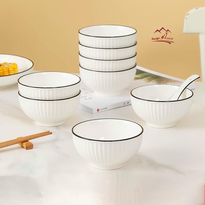 COMBO 10Bát ăn cơm sứ trắng sọc viền đen phong cách Bắc Âu - Chén ăn cơm sứ dày dặn cao cấp sang trọng gốm sứ cao cấp chịu nhiệt bộ đồ ăn bộ bát ngọc 10 cái