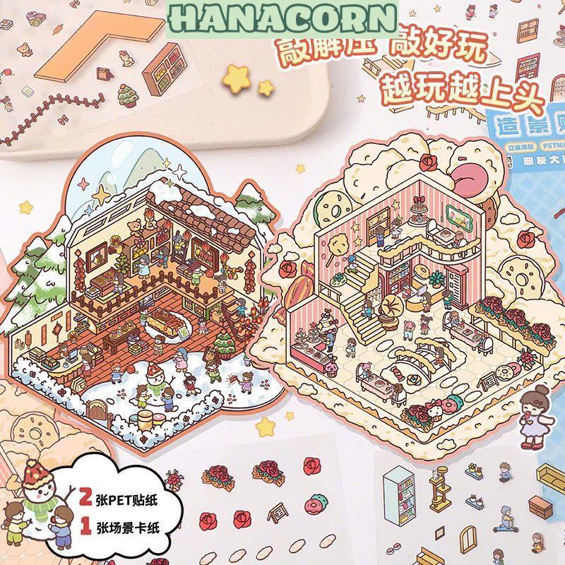 Bộ Sticker, hình dán 3D không gian, phong cảnh tự dán SIZE NHỎ cắt sẵn (HANACORN) - Tranh dán 3D tự làm DIY Cute