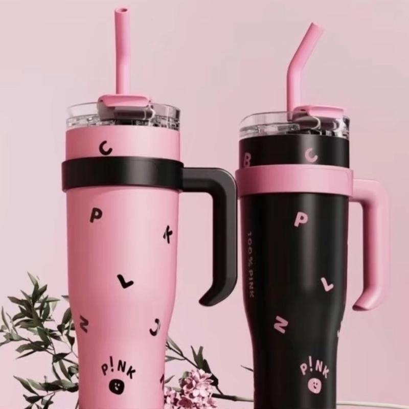 Bình Nước Giữ Nhiệt Bằng Thép Không Gỉ 1200 ml Black Pink , Ly Giữ Nhiệt Kèm Ống Hút Có Tay Cầm Tiện Dụng