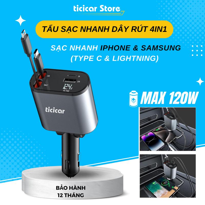 Bộ tẩu sạc nhanh trên ô tô 120W, 2 dây sạc rút ra và thu gọn tự động, Phụ Kiện tẩu sạc đa năng sạc cùng lúc 4 thiết bị, hỗ trợ cổng Lightning, Type C, USB. Tương thích với điện thoại Iphone /ipad/AirPods, Samsung, Galaxy, Oppo,...by Ticicar