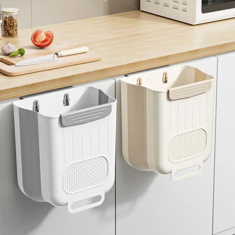 Kitchen Wall Mounted Folding Trash Can, 1 Count Household Cleaning Trash Bin, No Bending Required Wall Mounted Organizer Foldable Storage Can