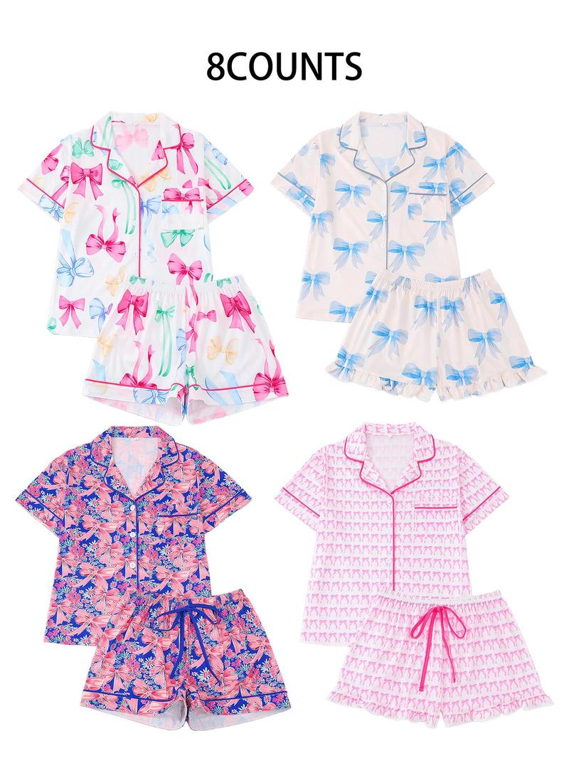 Product Introduction of Women's All Over Print Pajama Set, Casual Comfy Short Sleeve Lapel Neckline Pocket Shirt & Shorts PJ Set, Ladies Summer Sleepwear 7