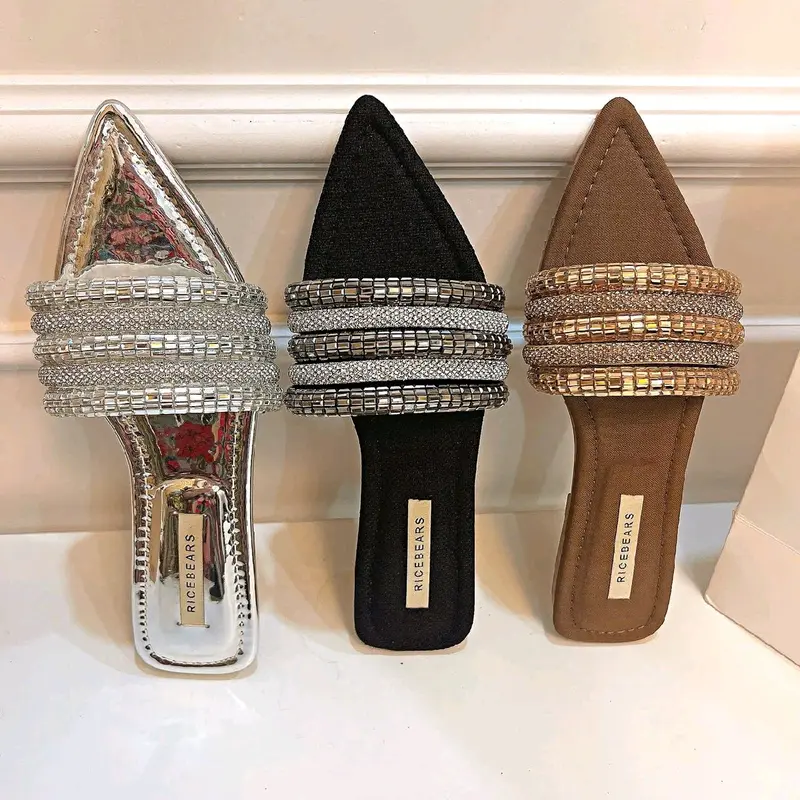 Gạo.Shoes (CÓ BIGSIZE) - Dép Lê Nữ Mũi Nhọn, Quai Ngang Dây Đá So Le, Đế Cao Cấp Chống Trơn Trượt. 0