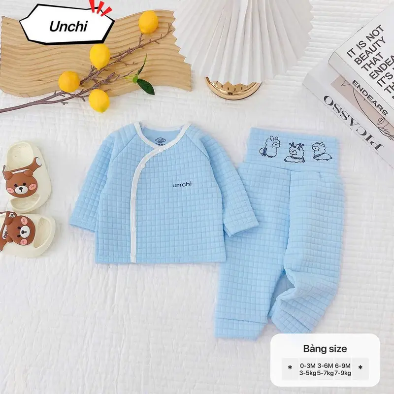 Bộ quần áo trần bông bé trai bé gái sơ sinh Unchi in hình cạp quần chất trần bông dầy ấm giữ nhiệt cho bé 2