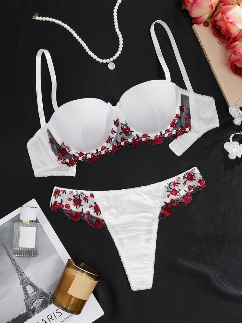 Product Introduction of Two-Piece Set Women's Ditsy Floral Embroidery Contrast Lace Bra & Scallop Trim Thong Underwear Set, Adjustable Strap Push Up Bralette & Panty, Lingerie Set for Women 1