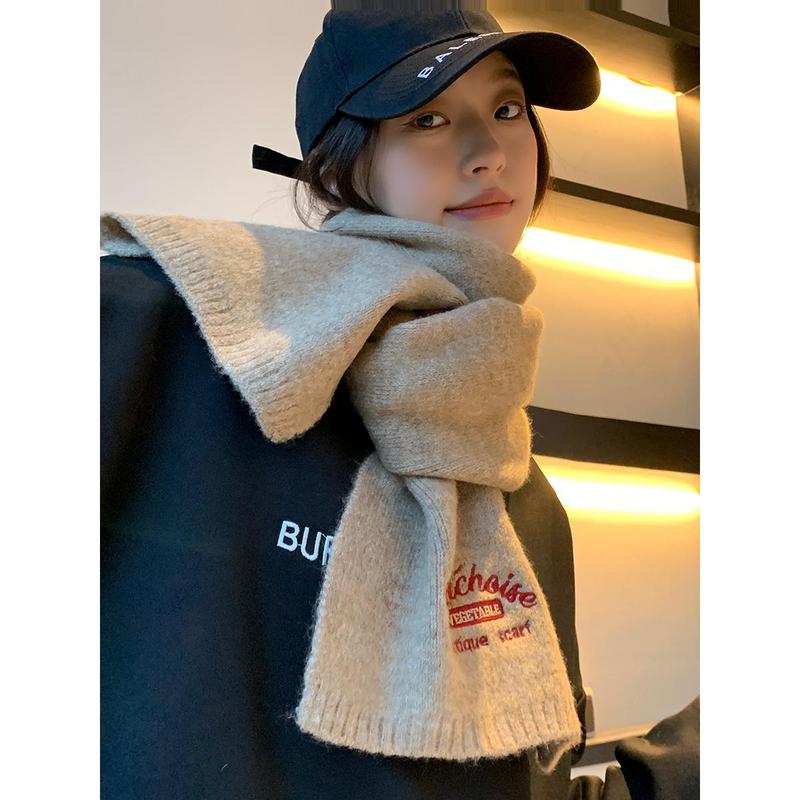 Embroidered Brown with Letters with Woolen Knitting Scarf Winter Girls 2023 New High-Grade Korean Style All-Match Scarf 2