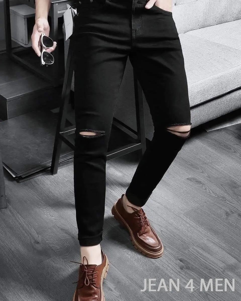 QUẦN JEAN DÀI CO DÃN MÀU ĐEN RÁCH HAI BÊN MENSWEAR PANTS