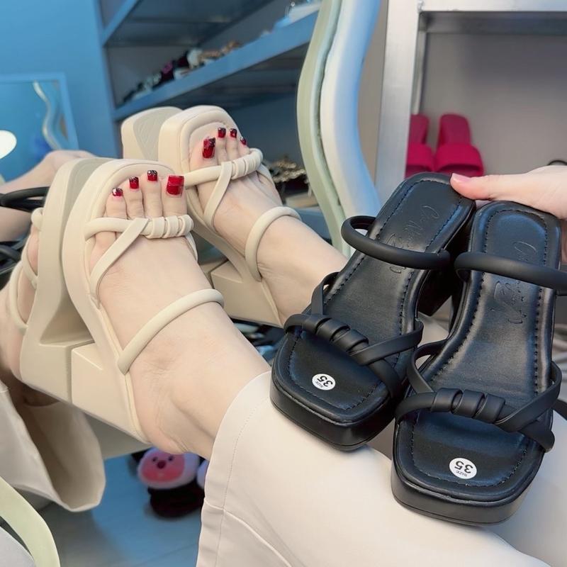 ( size nhỏ) Dép Guốc Nữ 3 Dây xoắn đế P.U cao 8 phân Shoes GiàY dép  bánh dép  bánh