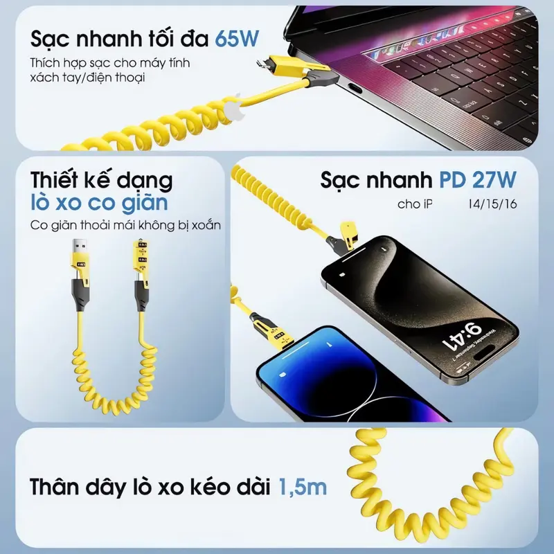Cáp sạc 4 trong 1 LÒ XO gọn dùng trên xe, bàn decor, dài 1.5m,chuẩn PD C-L 27W 20W,C-C 65W-ENJOYPLUS 5