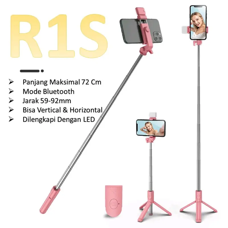 TRIPOD R1S + LED MINI SELFIE STICK + TOMSIS BLUETOOTH Lampu Remote Stainless Holder 0