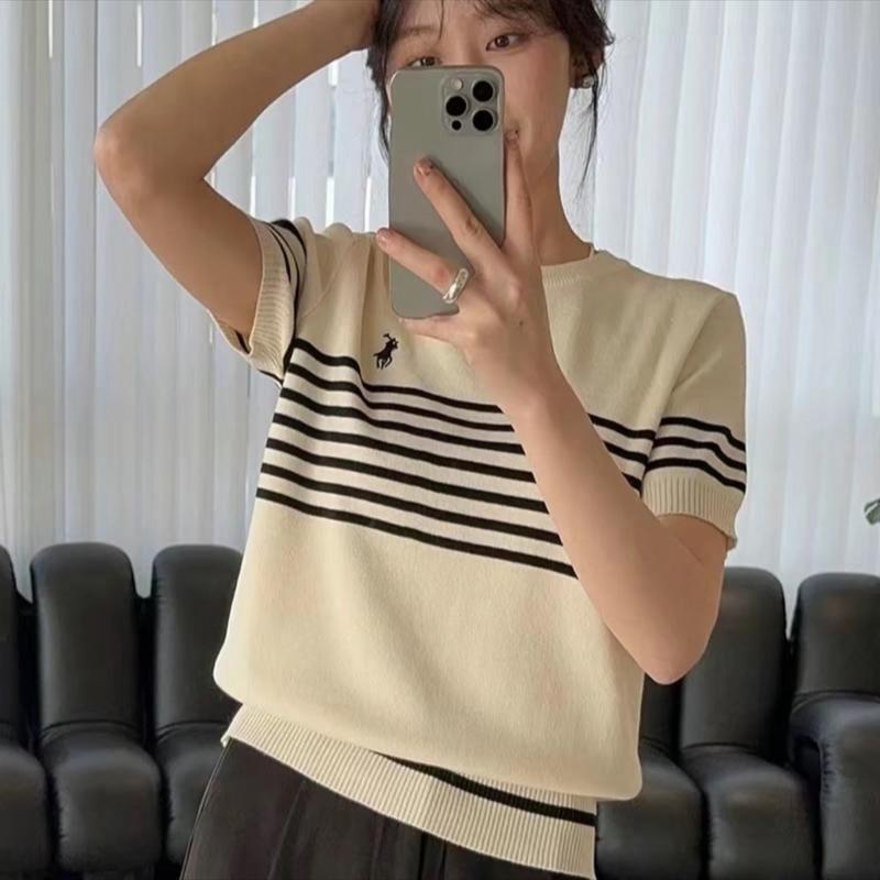 {GIÁ MỞ BÁN} áo thun dệt kim Sọc thêu Hình Ngựa LEN MỎNG Mongtoghi cổ tròn dáng rộng QC free size <58kg woman đen trắng MÁT MỊN iurihouse 6