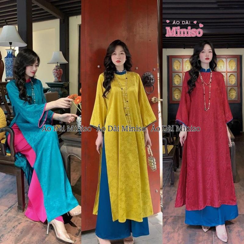 Áo dài gấm suông phối cổ đủ màu xinh Miniso