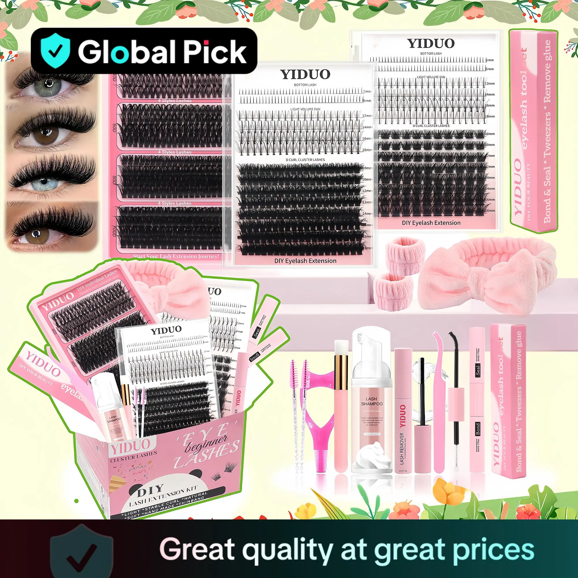 GLOBAL PICK Mixed Length Individual False Eyelashes Kit, Natural Look Eyelash Extensions with Lash Bond and Seal & Remover & Tweezers & Brush & Headbands & Wristbands, Self Grafting Curl Eyelashes, Eye Makeup Enhancement False Eyelashes, Lash Clusters Kit