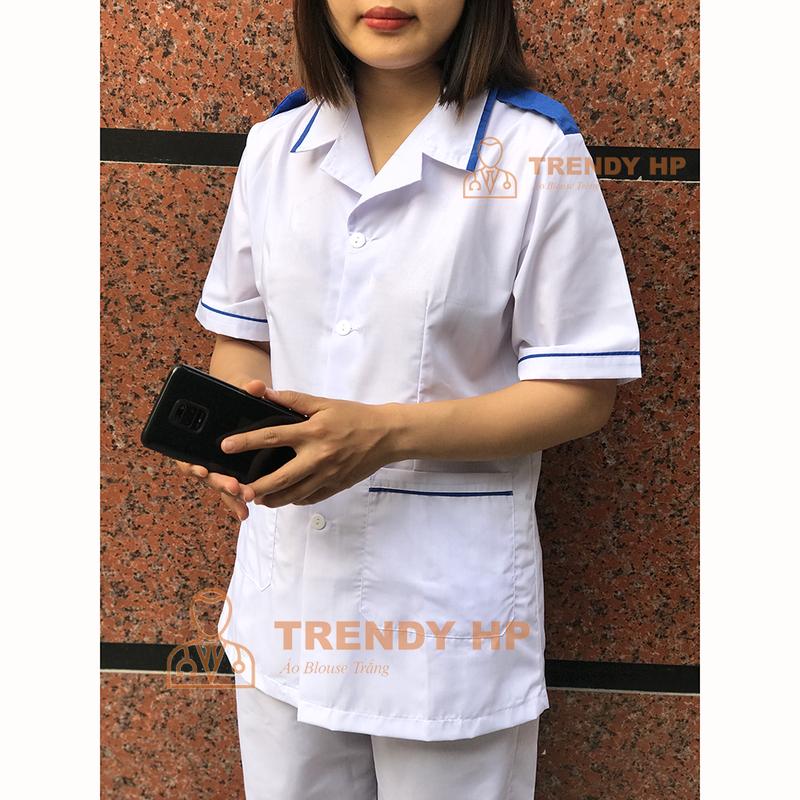 Bộ quần áo điều dưỡng nam nữ có viền xanh cho thực tập sinh - áo điều dưỡng, y tá có cầu vai xanh