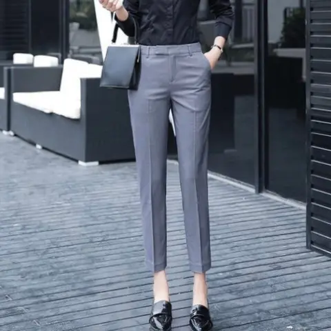 CELANA KANTOR WANITA TERBARU panjang Bahan kerja formal casual nyaman Abu Fit Hitam Slim Kain Kaki Kancing Ankle Kantong 8