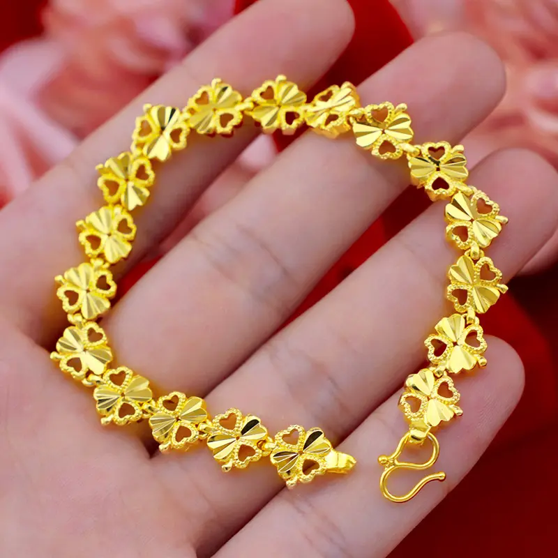 Four-leaf Clover heart-shaped fancy bracelet pure gold plated brass bracelet jewelry