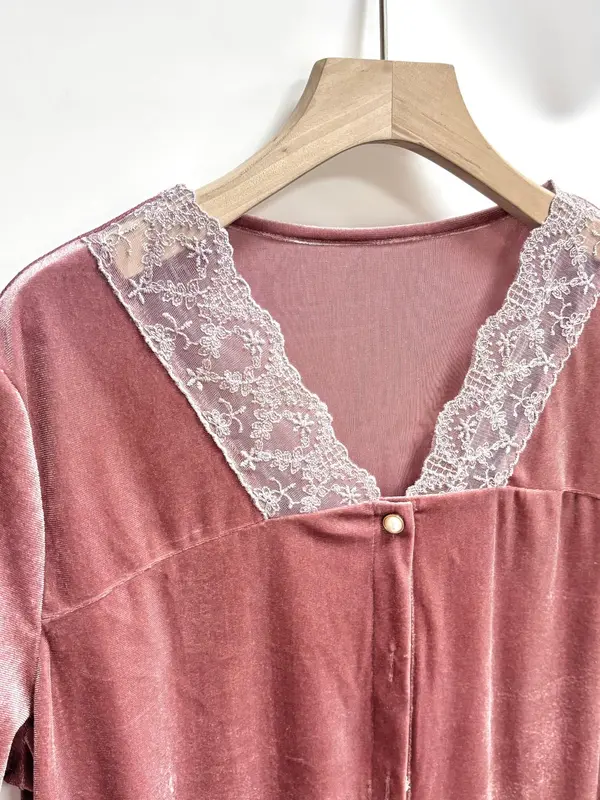Women's Velvet V Neck Nightdress, Casual Soft Comfortable Short Sleeve Nightgown for All Seasons, Fashion Ladies' Sleepwear for Daily Wear 5