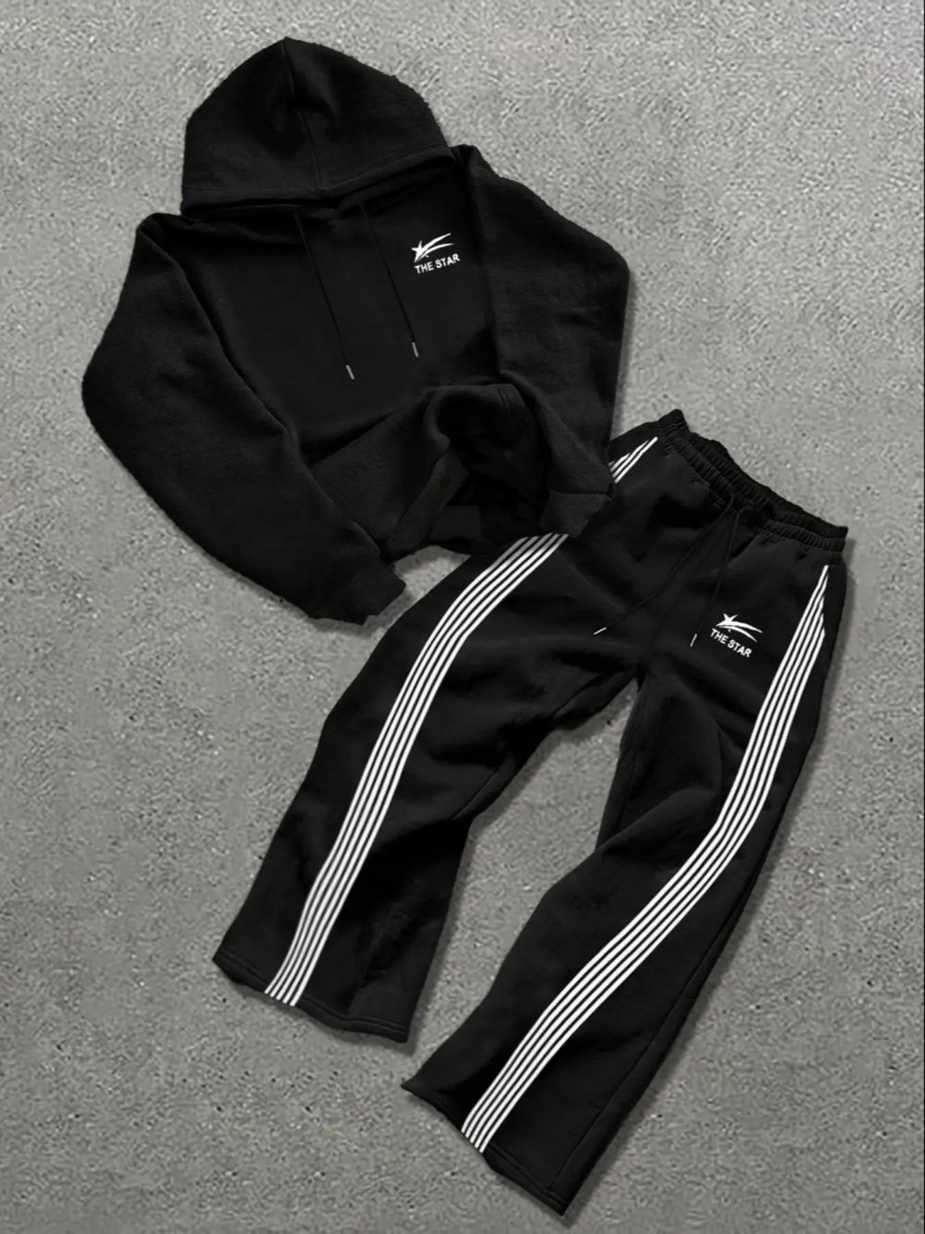 Two-Piece Set Men's Thermal Lined Star Graphic Drawstring Hoodie & Striped Print Pocket Sweatpants, Regular Fit Street Casual Long Sleeve Hooded Sweatshirt & Jogger Pants, Men's Two-piece Outfits for Fall & Winter