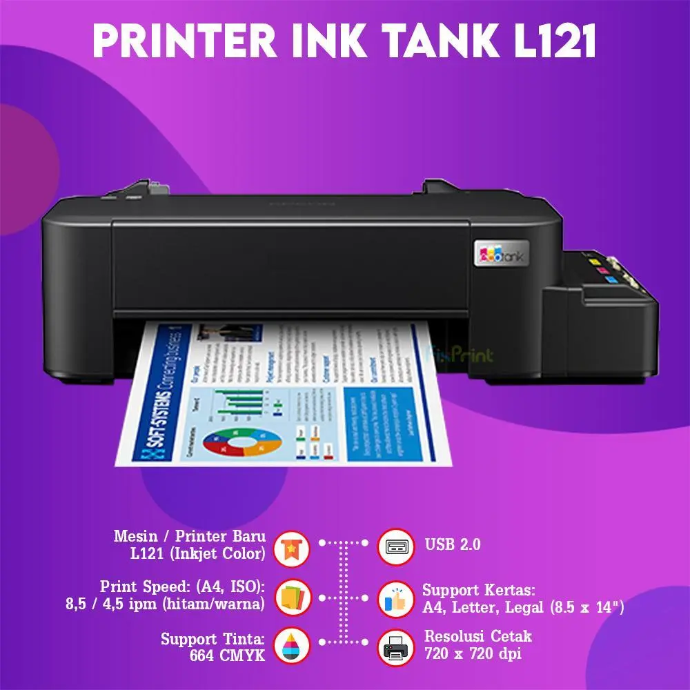 Epson Printer L121 Hitam Print Warna Infus Modif Inktank Pabrik Resmi L3211 L3210 L3216 Scanner Flatbed V39II