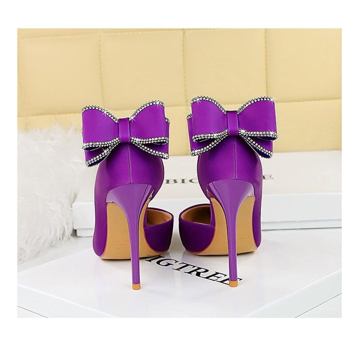 Product Introduction of 626-H36M European and American Style Banquet High Heels Stiletto High Heels Shallow Pointed Toe Side Cutout Rhinestone Back Bowknot Single Shoes kitten  heels 10