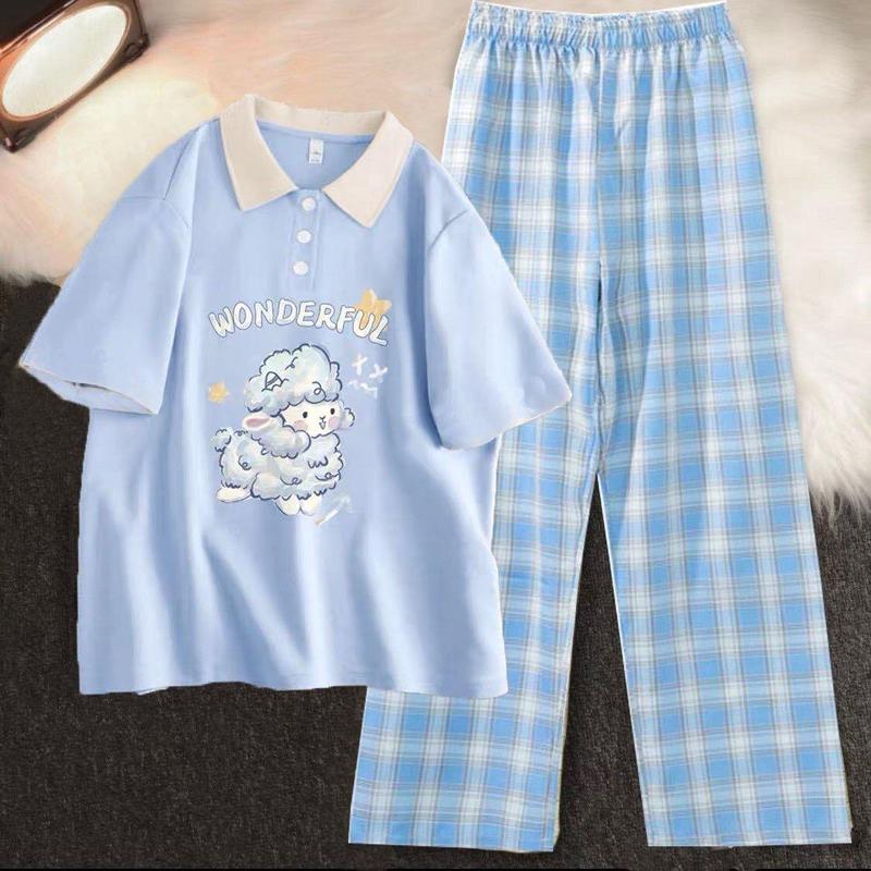 Bộ Polo xanh dương cừu phối quần kẻ cho bé gái siêu xinh