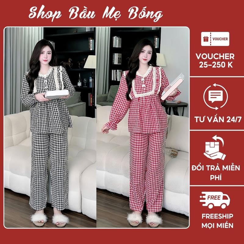 ComBo 2 Bộ Bầu và Sau Sinh Kẻ Caro Tiểu Thư Cho Mẹ Bầu Áo Dài Quần Dài Chất Đũi Thái Mềm Mịn, Cổ Tròn 2 Nơ Xinh, Tay Có Bo Chun Freesize 40kg-70kg Váy Bầu Đầm Bầu