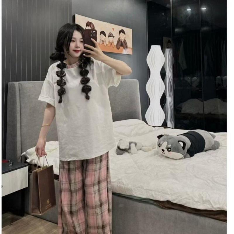 SET BỘ KẺ HỒNG In CHỮ MINMIN ĐEN TRẮNG PHONG CÁCH DỄ THƯƠNG Nữ Women Áo Voi Cotton Top 6