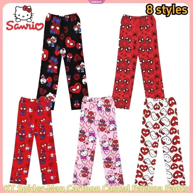 Spiderman Walking Bent Pants Sleepwear Hello Kitty Y2K Winter Plush Pajama Pants Women's And Men's Cartoon Sleeping Casual Wear