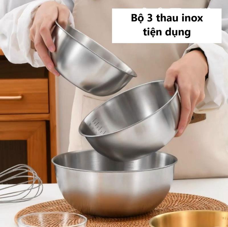 Set 3 bát inox 304 size lớn dùng trộn bột trộn salad có vạch chia 17-19.5-24cm chống dính
