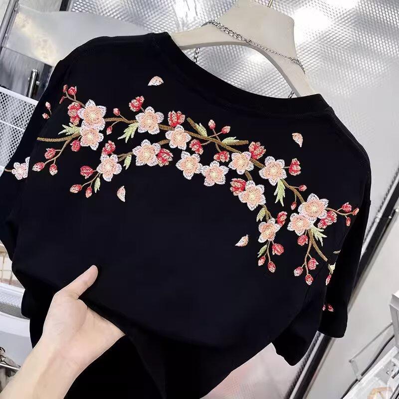 Áo Thun Hoa Mận Neo-Chinese, Dành Cho Nam Giới, Thời Trang Đường Phố Mùa Hè, Áo Sơ Mi ngắn Tay Cổ Tròn, Áo Thể Thao Trẻ Trung Phù Hợp Với Cặp Đôi, Có Thêu Thủ Công black  tee