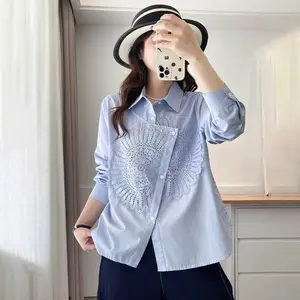 FADFAD Atasan Kemeja Longgar Desain Tidak Beraturan Lengan Panjang Kerah Polo Warna Kontras Untuk Wanita Gaya Modis