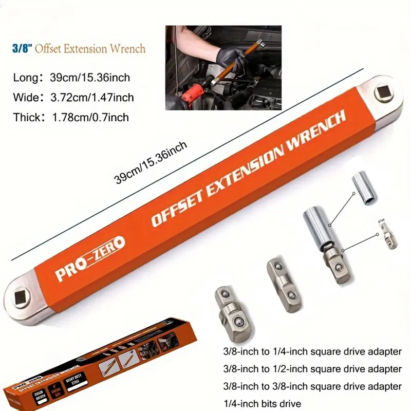 3/8" Offset Extension Wrench Set, Including 1/2" & 1/4" & 3/8" Square Drive Adapters, 15" Impact Ready Socket Wrench Tool, Gift 5