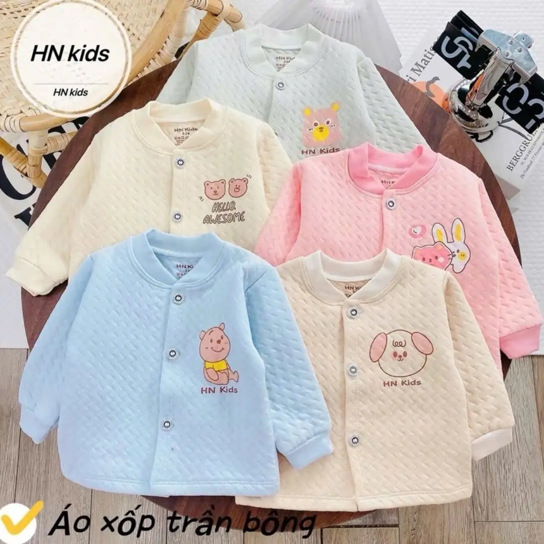 Áo Xốp Nỉ Cổ Tàu HNKisd Trần Bông Thu Đông Mềm Mại Ấm Áo Cho Bé Sơ Sinh 4-14kg Sơ mi