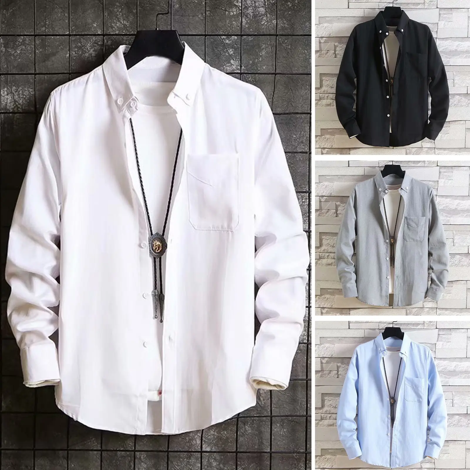 Spring Autumn Men Solid Color Shirt Coat Lapel Long Sleeve Single Breasted Patch Pocket Casual Shirt Outwear