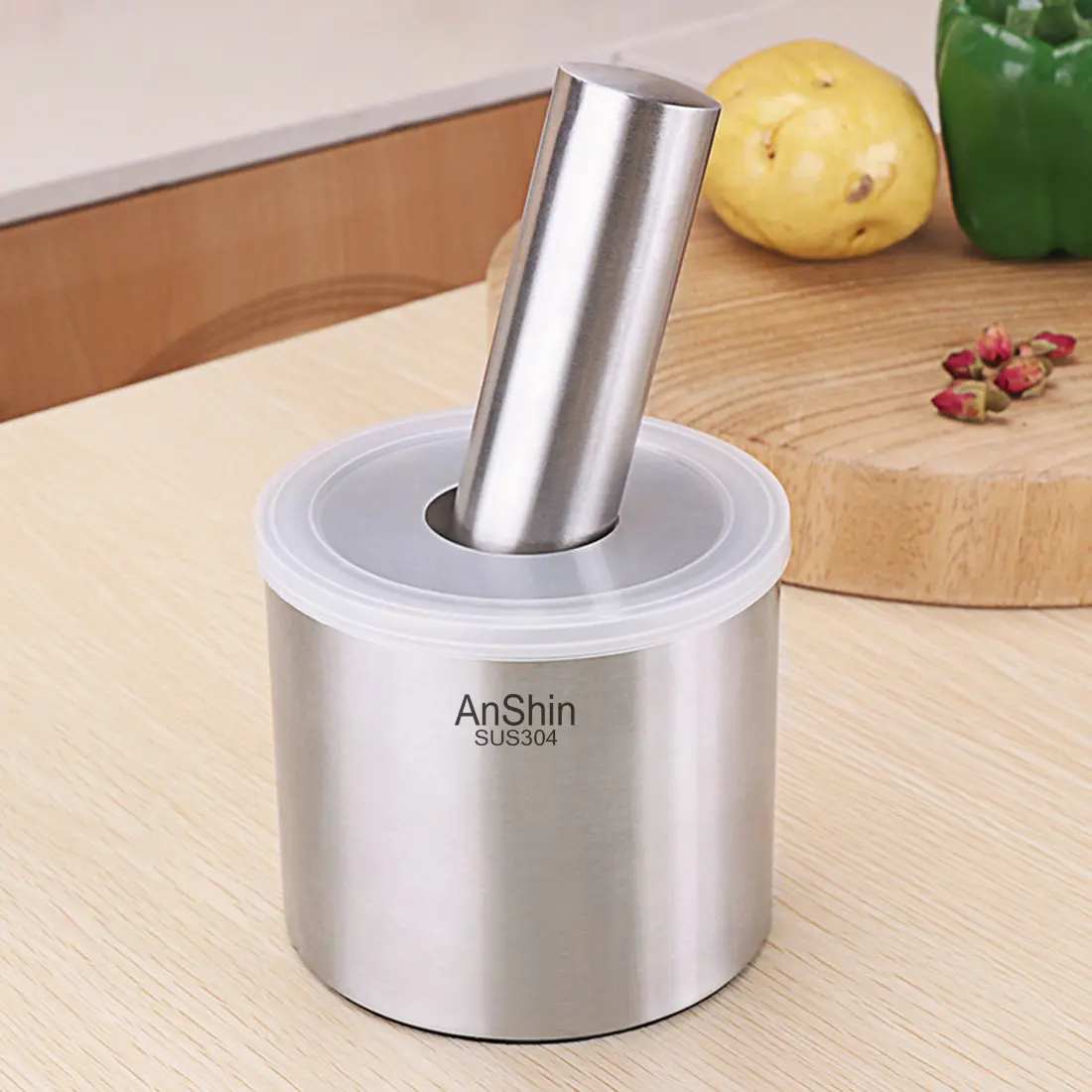 Cối chày Inox 304 Anshin - size dáng trụ, có logo Anshin