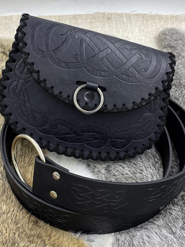 Medieval Style Ethnic Pattern Embossed Belt & Belt Bag Set, Vintage O-ring Decorated Belt & Waist Bag, Fashion Accessories for Cosplay Party, Daily 4